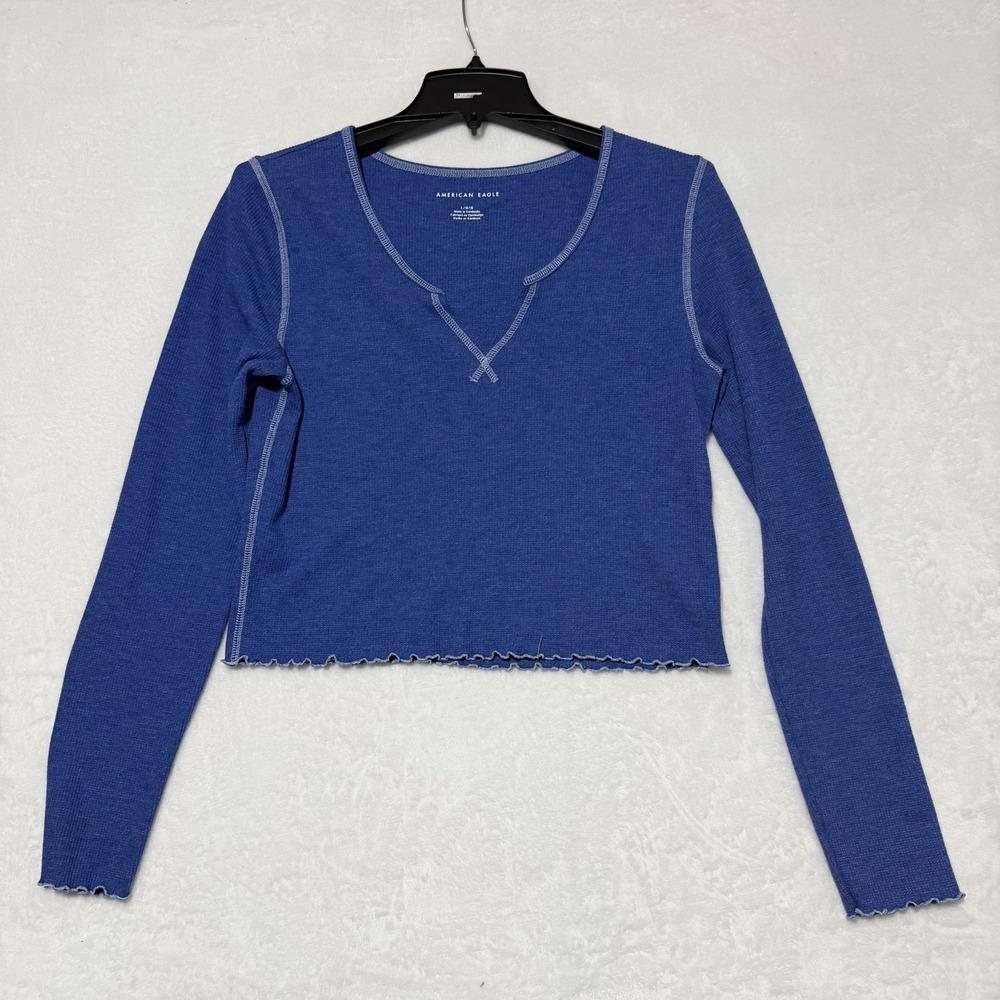 American Eagle Long Sleeve Shirt Women's Size Large Ocean Blue Waffle Weave